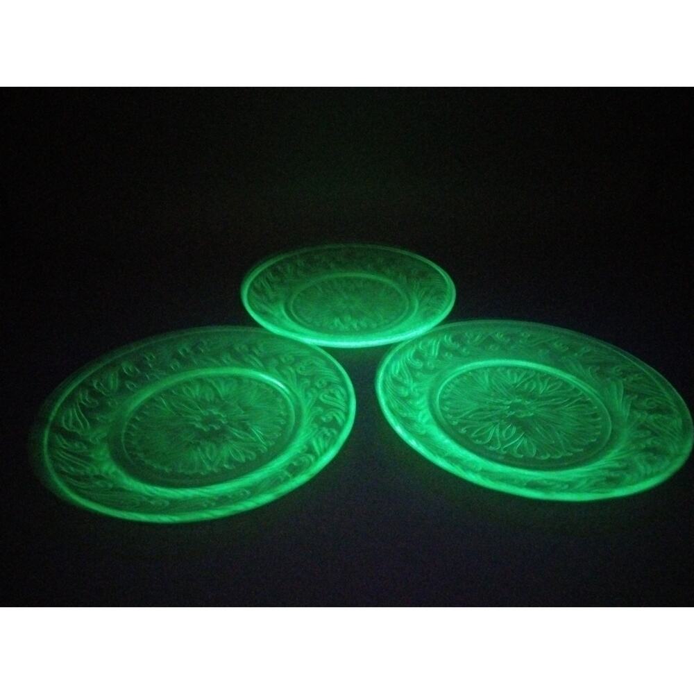 3 Vintage US Glass Uranium Depression Glass 6” Bread & Butter Plate with Scroll
